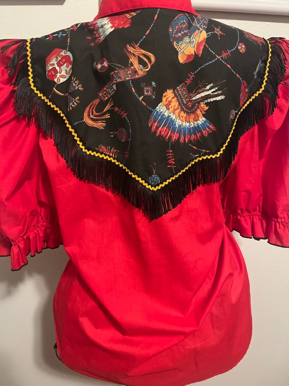 Red Western Fringe Button-Down Shirt with Printed Yoke